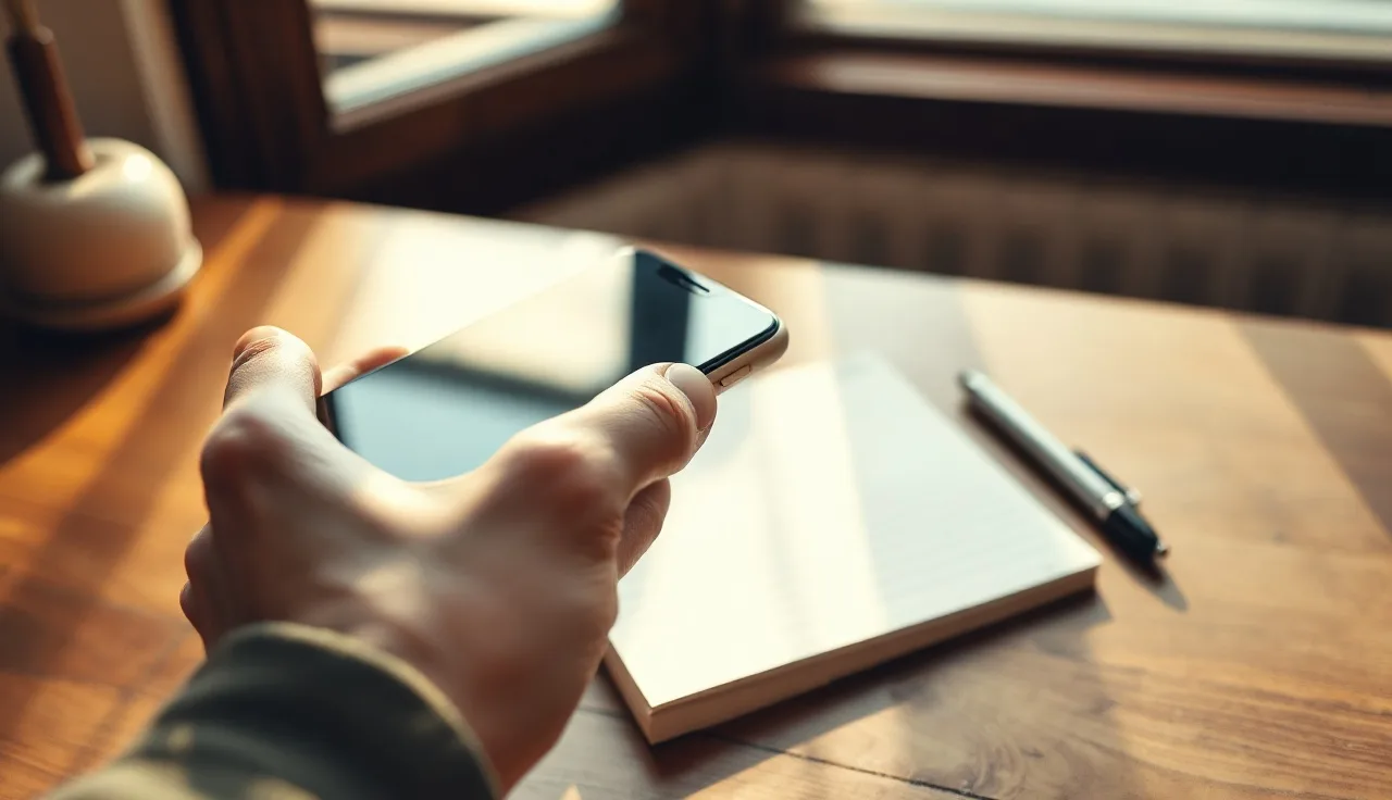 Hand holding a smartphone near a legal notepad, representing cell phone consent compliance
