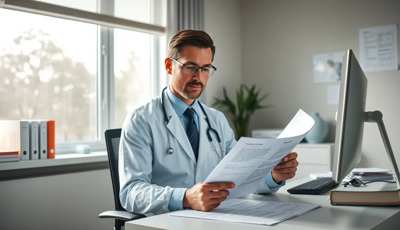 Healthcare administrator reviewing patient communication compliance documents at a desk