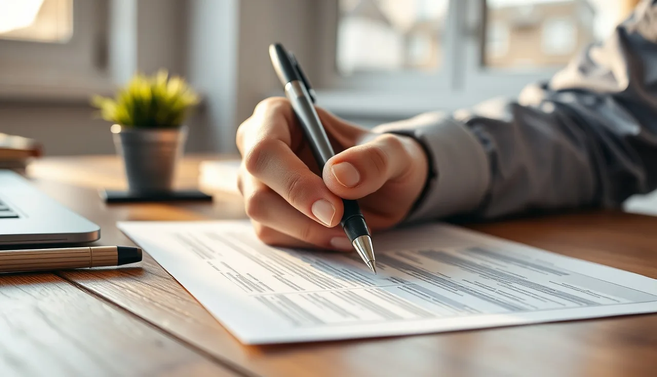 Hand holding pen over a compliance consent form on a wooden desk
