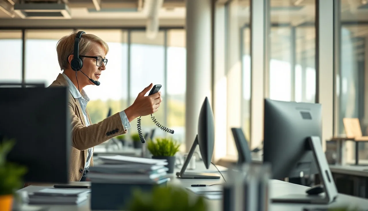 Call center agent handing headset to colleague during a live transfer call