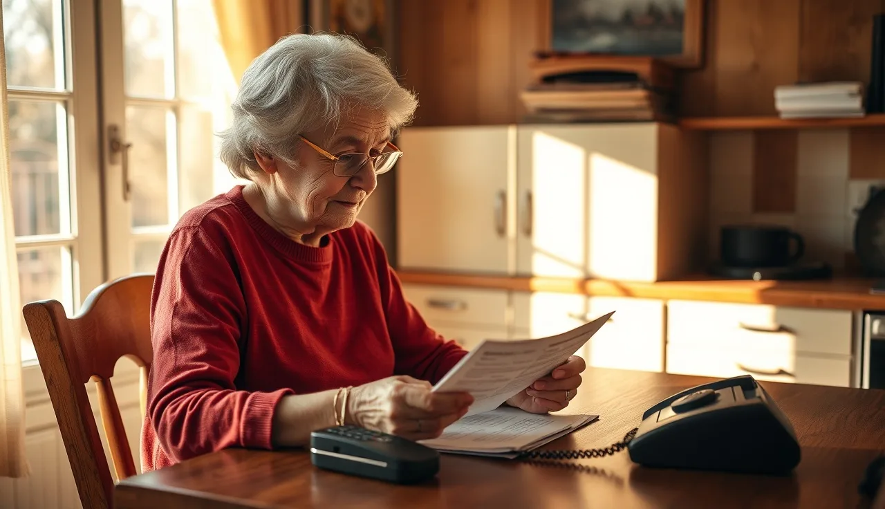 Elderly woman reviewing consent paperwork at a kitchen table with a telephone