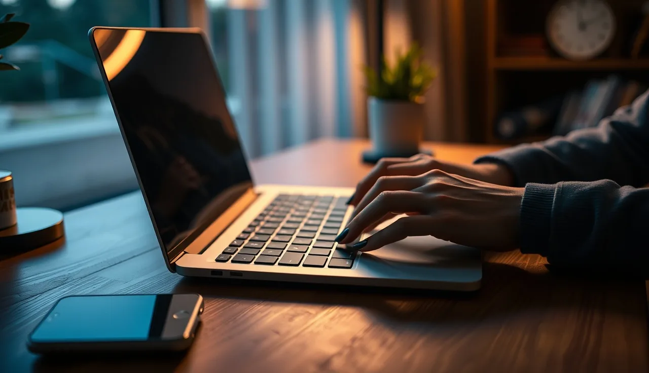 Hands on a laptop keyboard beside a smartphone on a wooden desk in warm office light