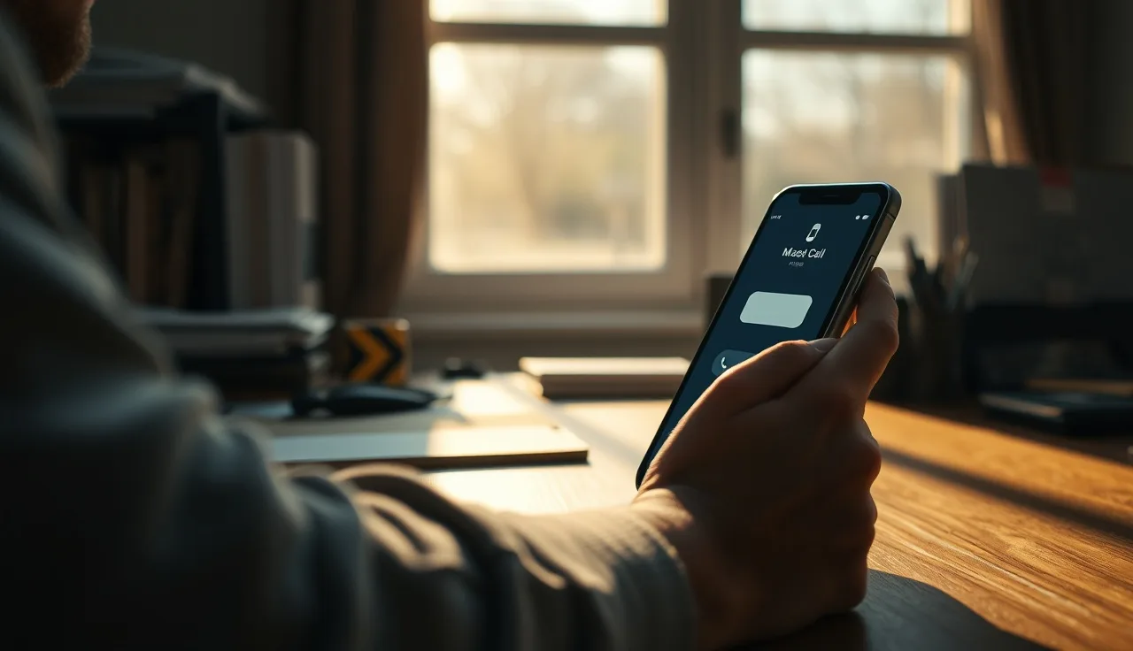 Missed call notification on smartphone screen, compliance documentation on desk nearby