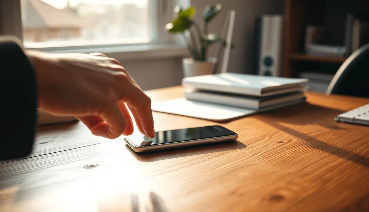Hand near a smartphone on a wooden desk, representing TCPA consent decisions