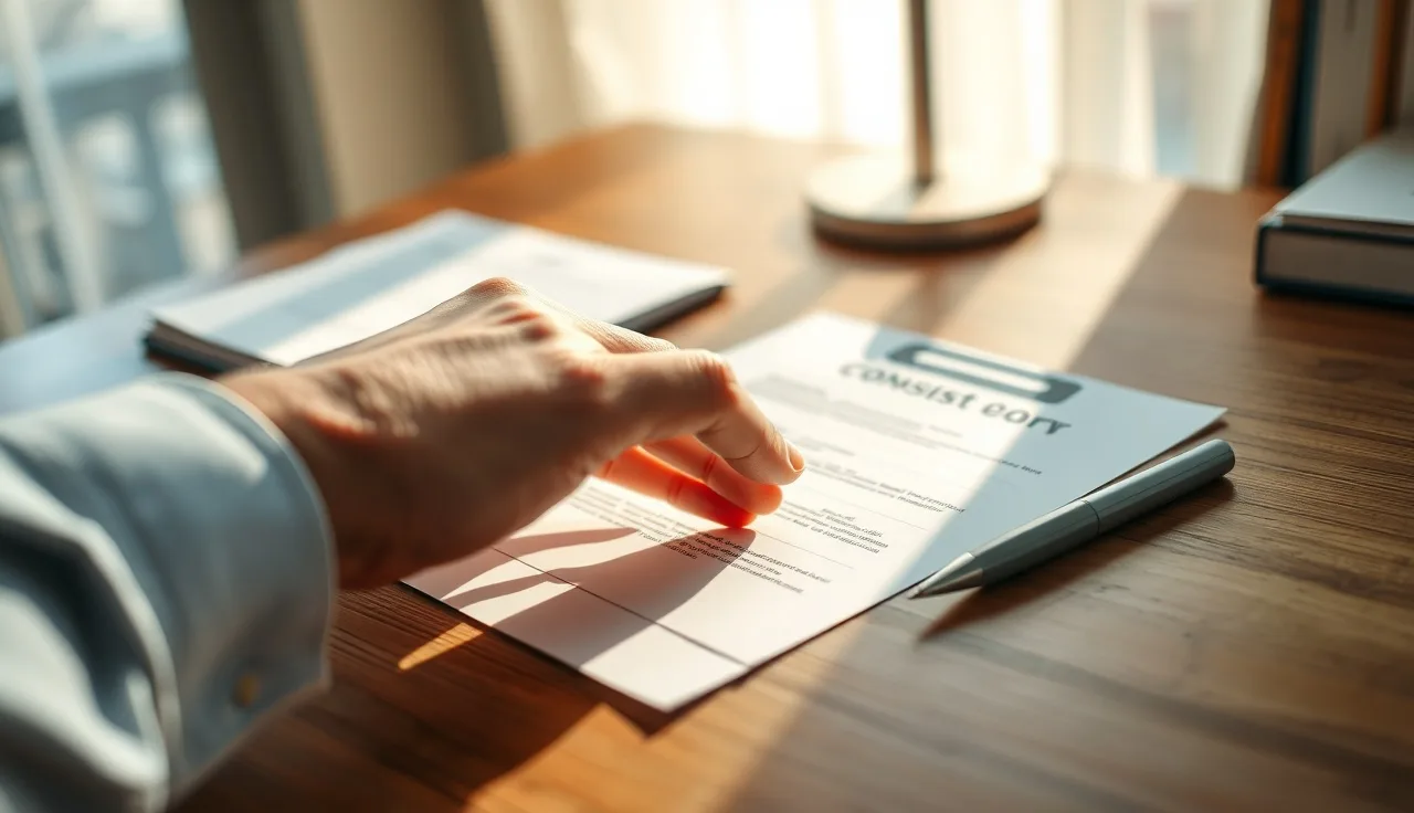 Hand over a paper consent form on a desk illustrating TCPA written consent