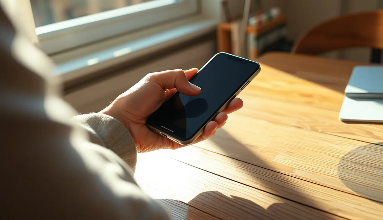 Hand holding a smartphone on a wooden desk in soft morning light for SMS marketing compliance