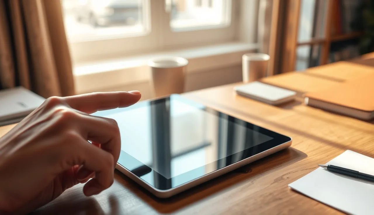 Hand touching tablet screen to sign a digital consent form in a home office
