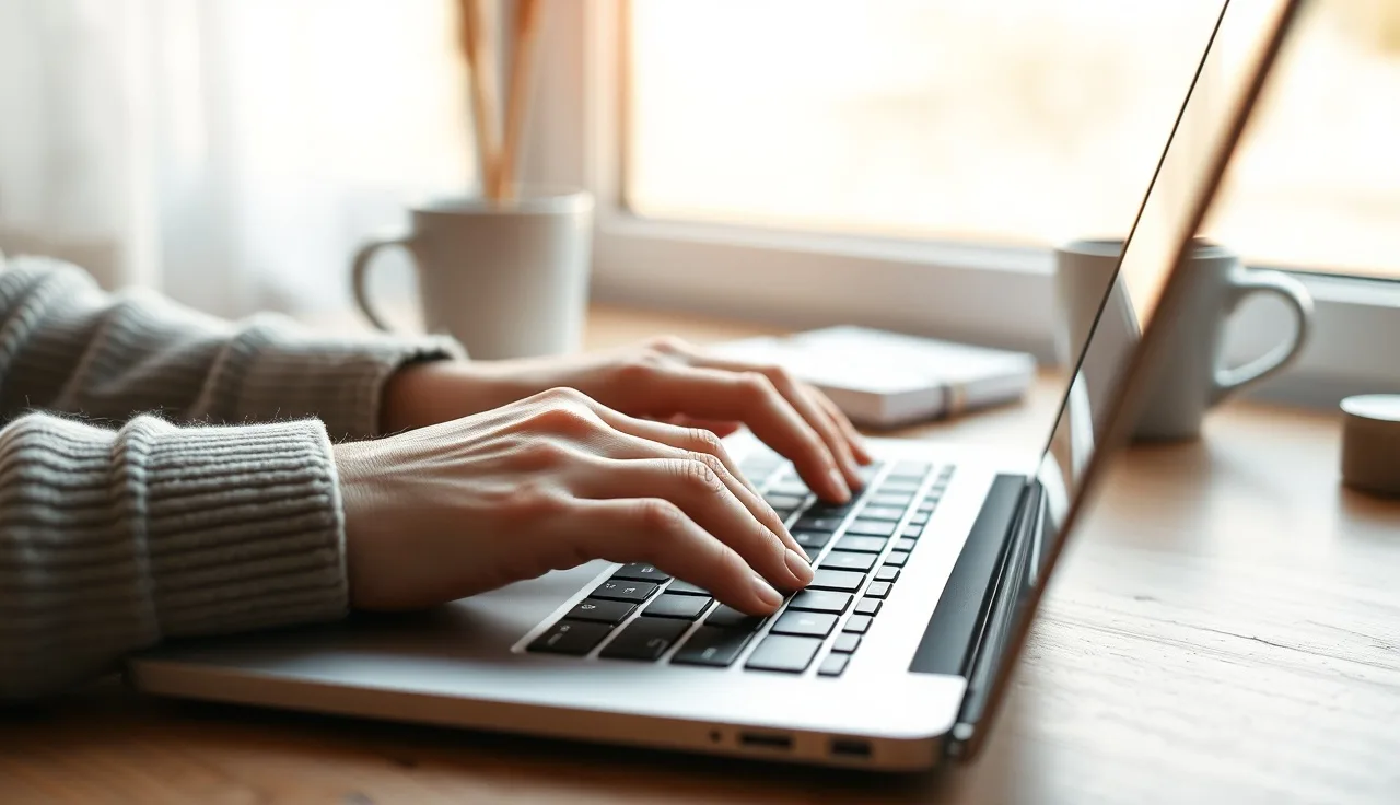 Hands on a laptop keyboard at a home office desk reviewing website consent compliance