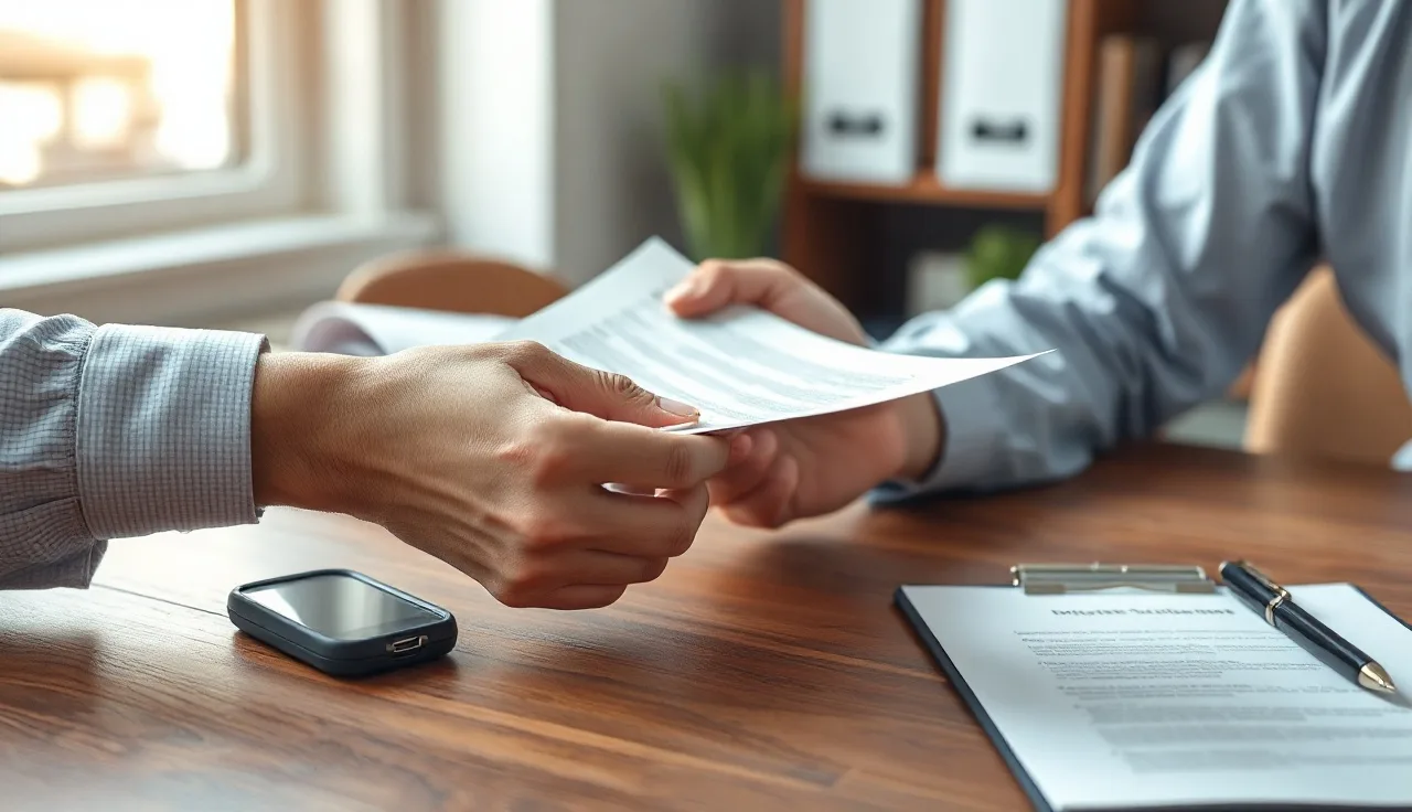 Two people exchanging a single consent form at a wooden office desk