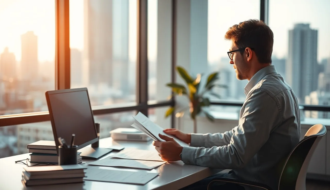 Person reviewing compliance documents at a desk with city view, TCPA consent ruling research