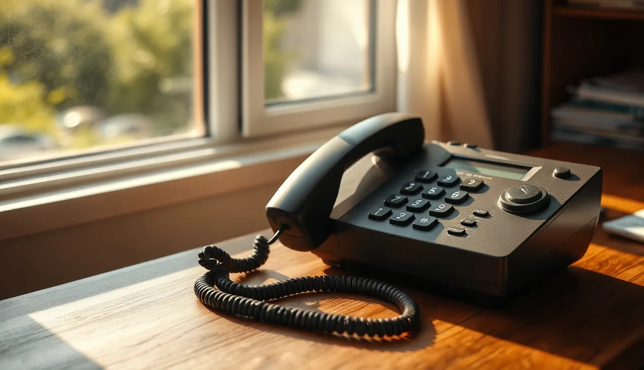 Landline telephone on wooden desk near window, do not call list concept
