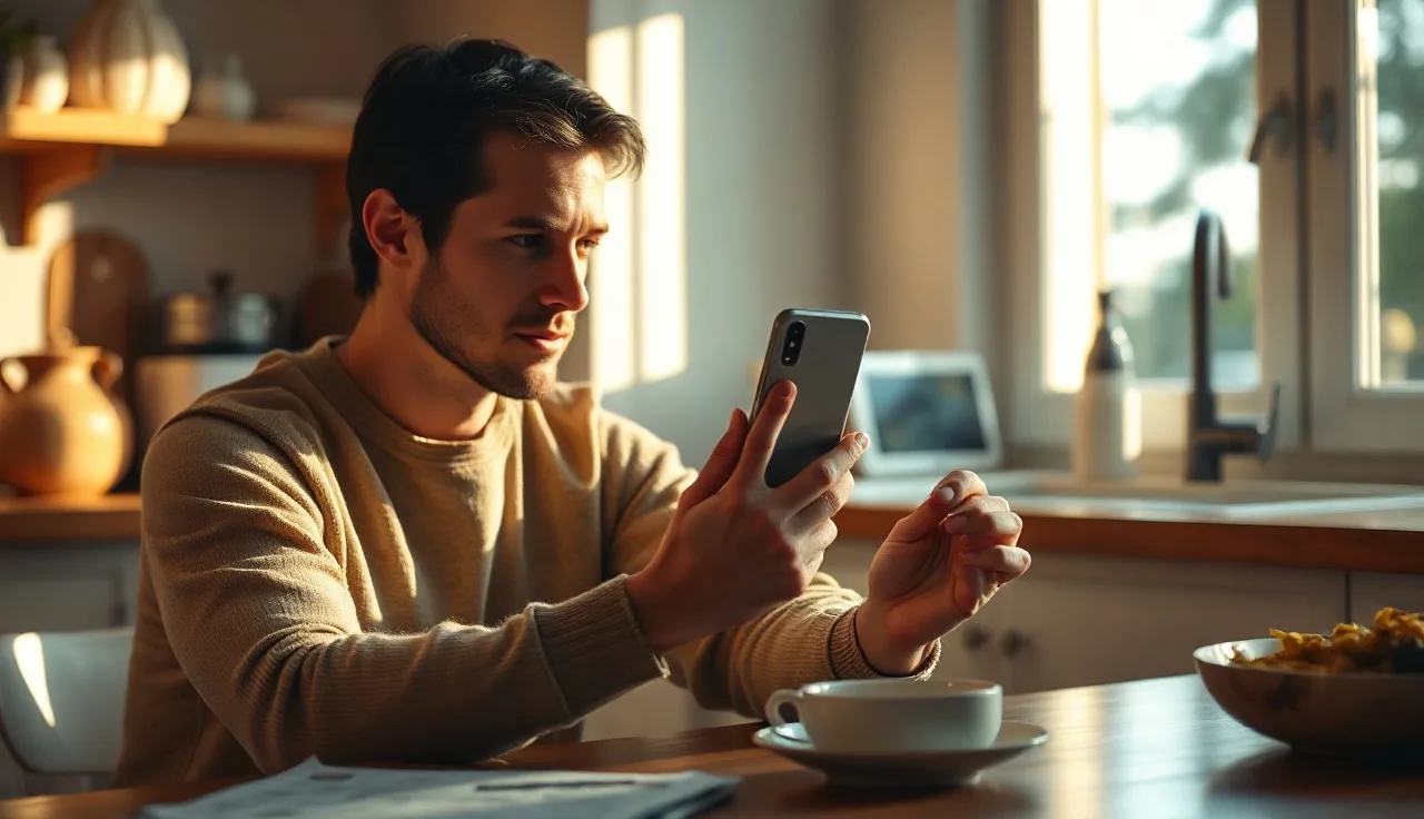 Person checking their phone at a kitchen table to verify do not call status
