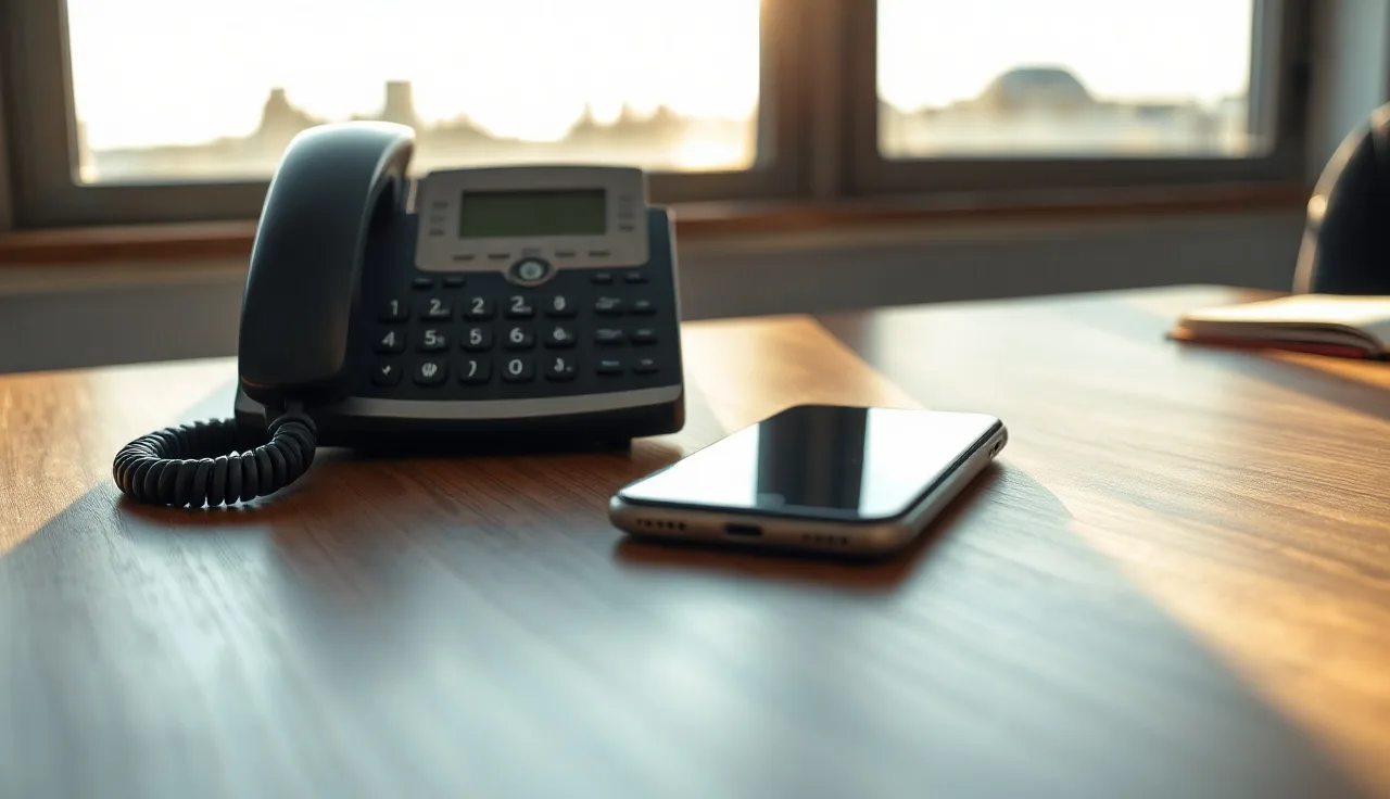Landline and mobile phone on a wooden desk representing do not call list protections