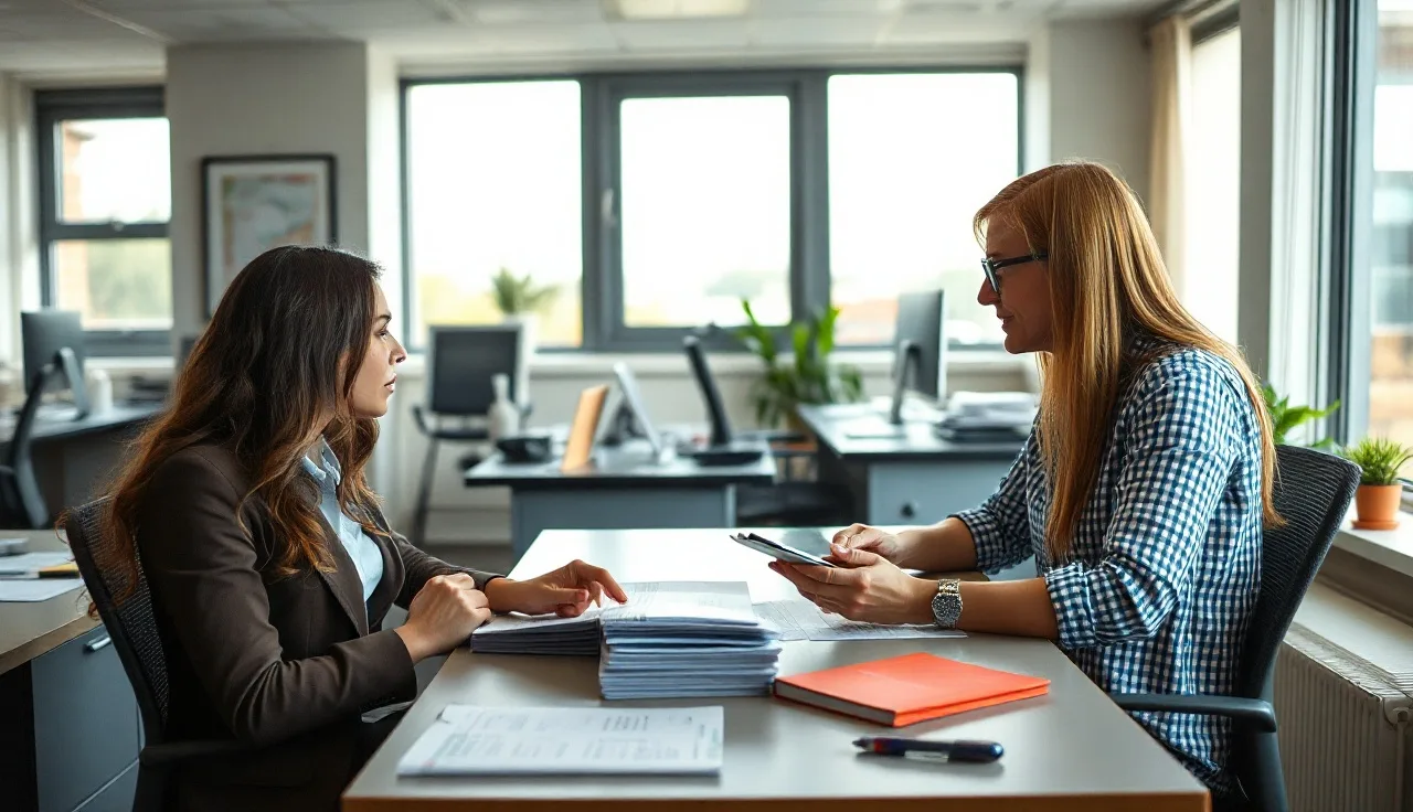 Two sales team members reviewing a printed phone list at office desks