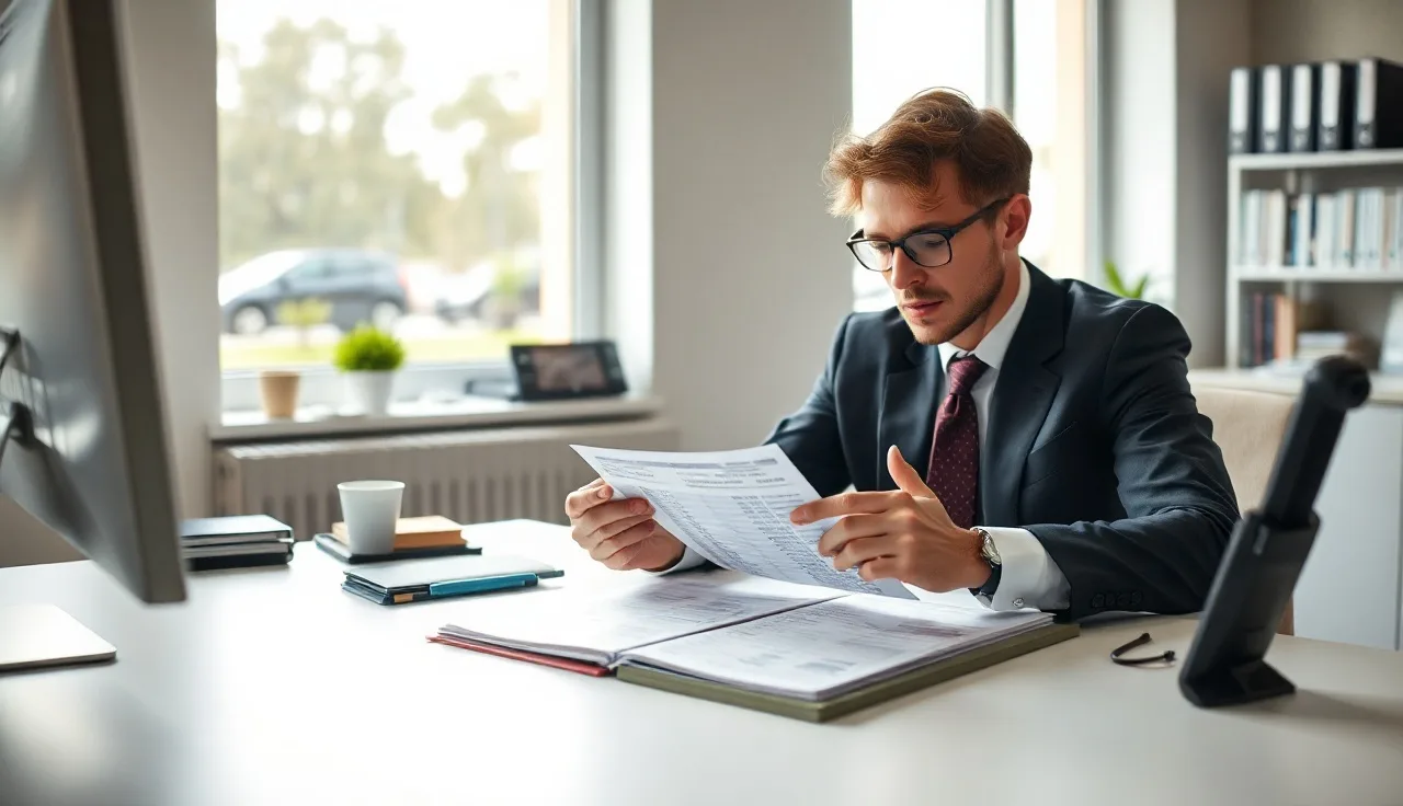 Business professional reviewing outbound call lists at a desk for DNC compliance