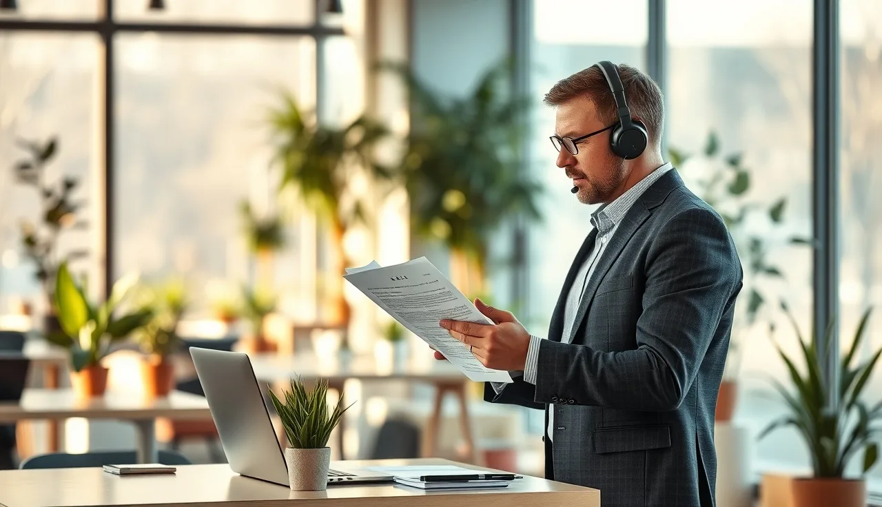 Salesperson wearing headset reviewing a call list at an office desk