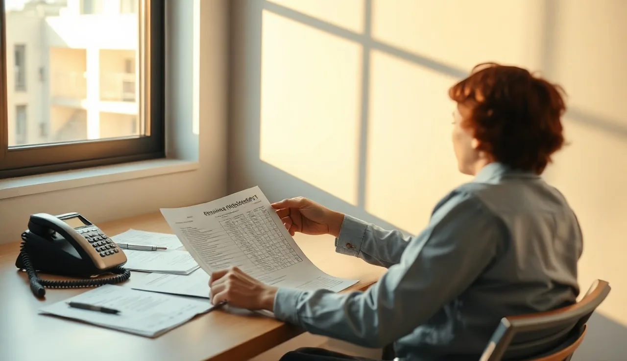 Person at desk reviewing a call list spreadsheet next to a landline phone