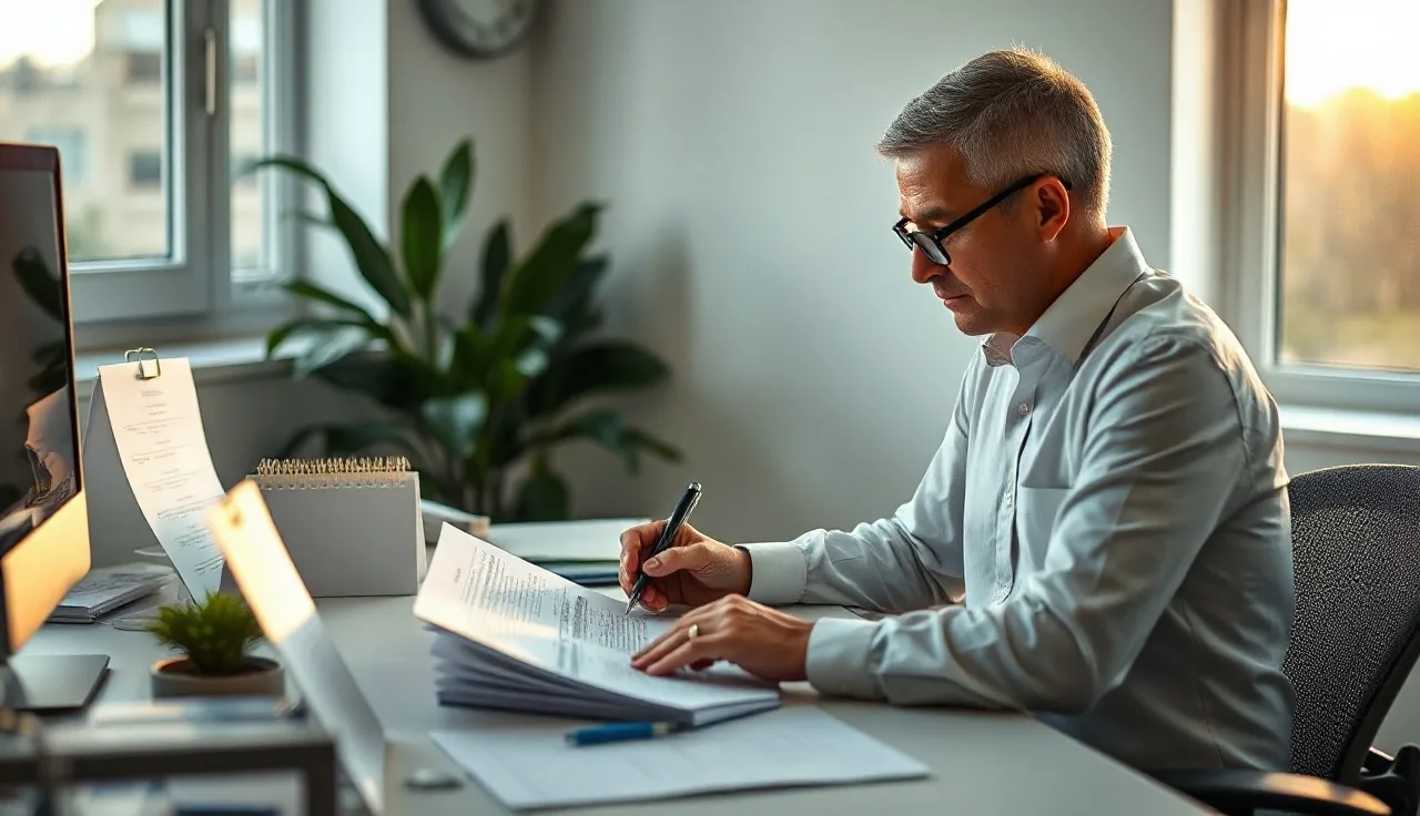 Compliance manager reviewing outbound call lists at a desk near a window