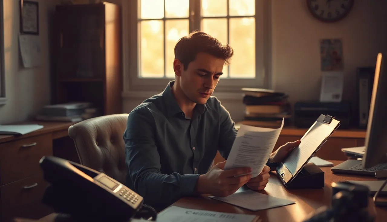 Person reviewing printed phone call lists at a desk to check do-not-call compliance