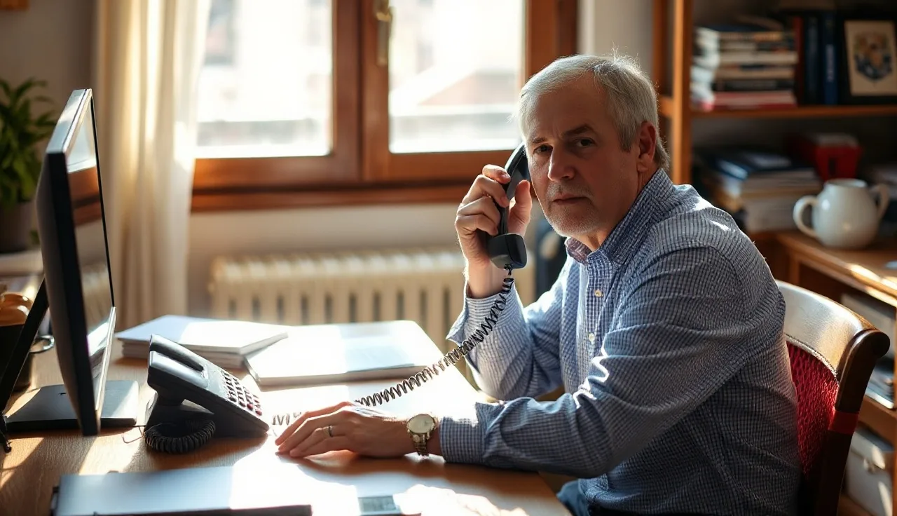Person holding a landline phone handset away from their ear at a sunny desk