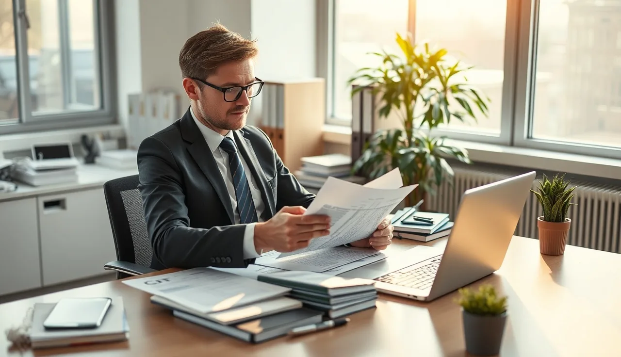 Compliance officer reviewing call list spreadsheets beside laptop at office desk