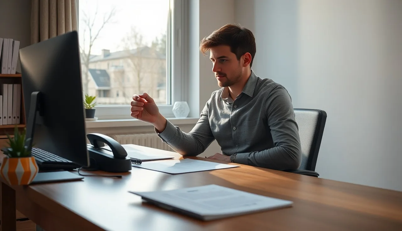 Person at home office desk reviewing paperwork next to a telephone, DNC complaint topic