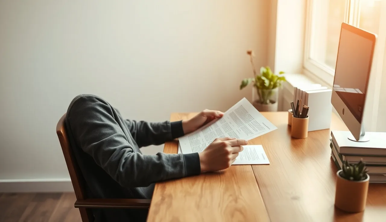 Person reviewing compliance documents at a wooden desk in afternoon light