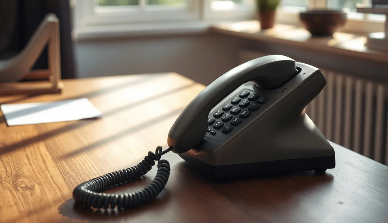 Landline phone handset on a wooden desk representing DNC registry number protection