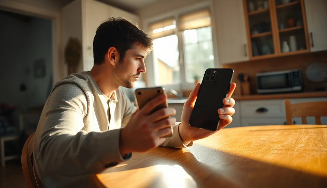 Person at kitchen table looking frustrated while holding a phone, morning light