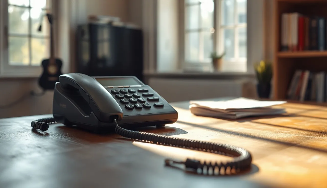 Landline telephone on wooden desk in quiet home office, afternoon light