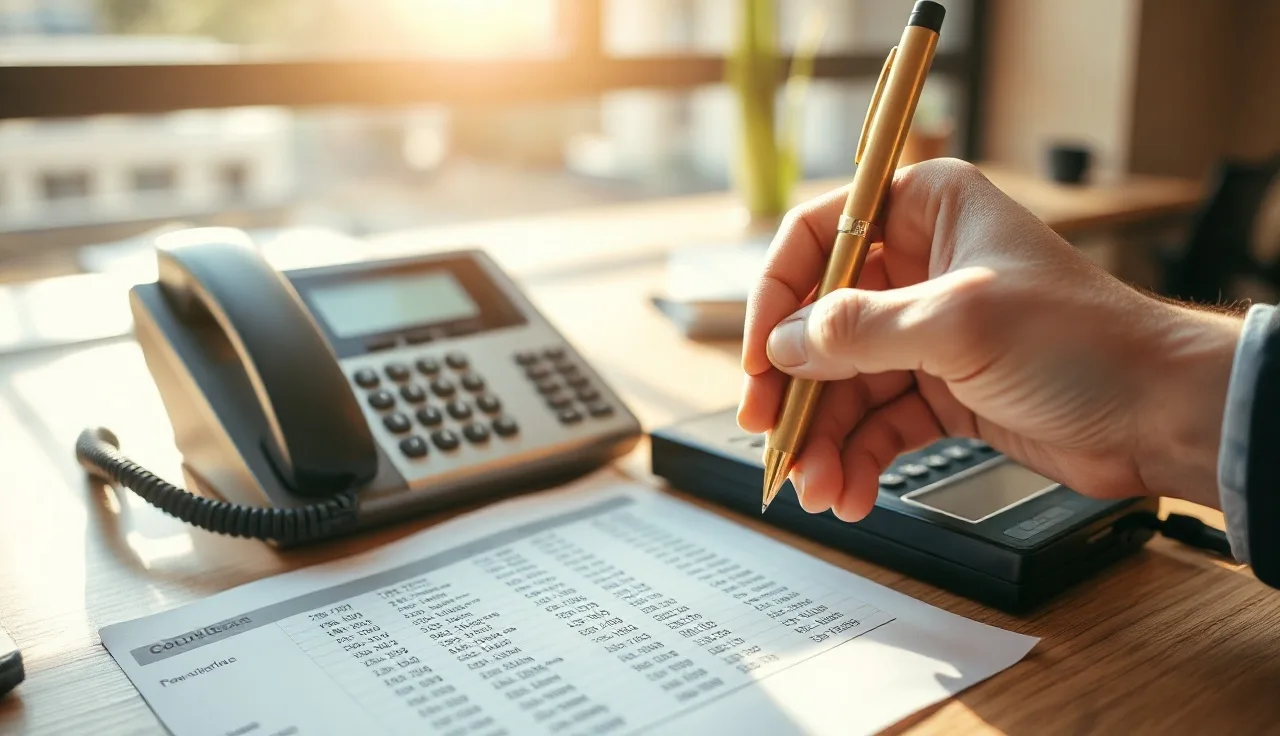 Hand with pen reviewing a printed phone number list on an office desk