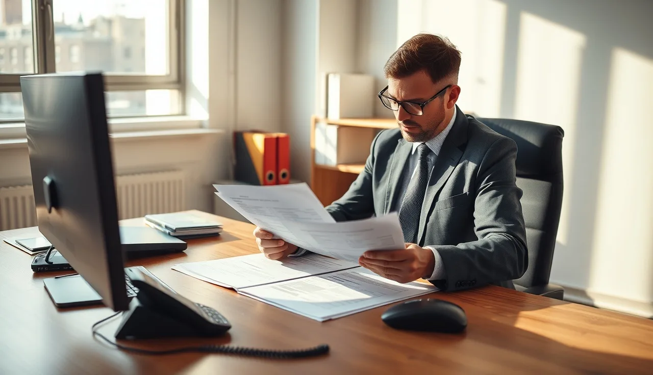 Compliance officer reviewing call list spreadsheets at a desk near a window