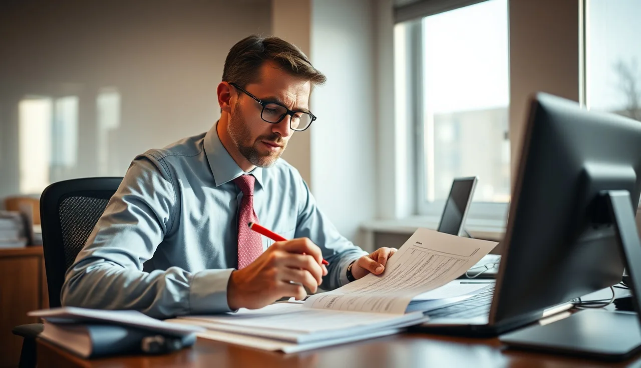 Compliance officer reviewing outbound call logs at a desk under afternoon light