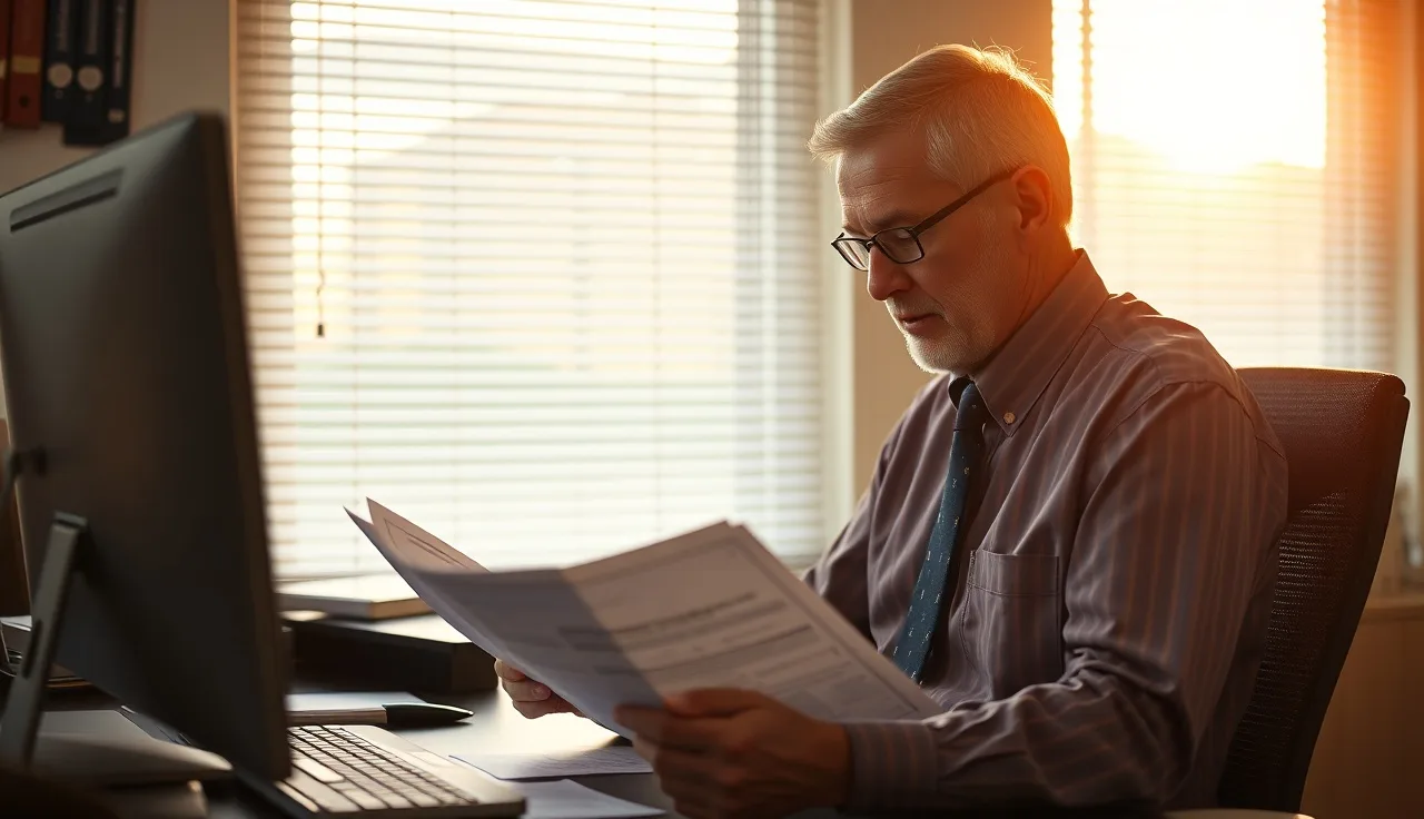 Office worker reviewing phone records under warm afternoon light at a desk