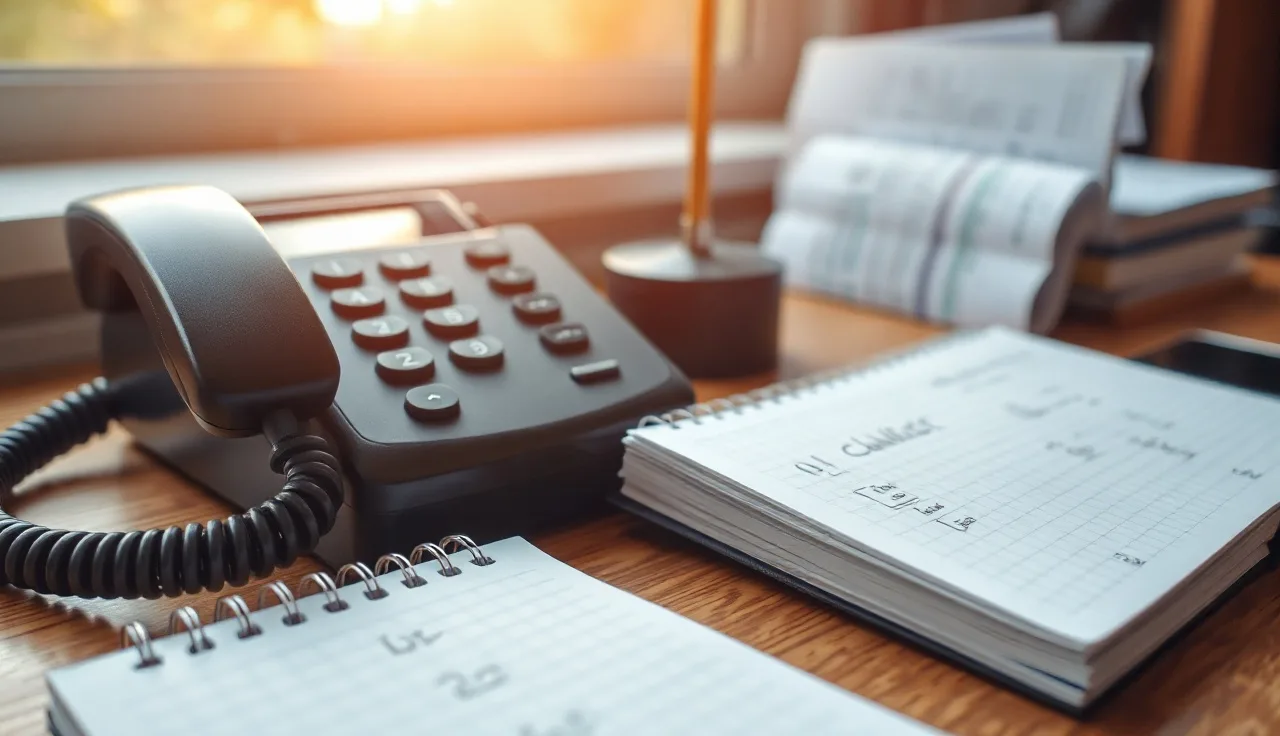 Telephone handset on a wooden desk beside a compliance checklist notebook
