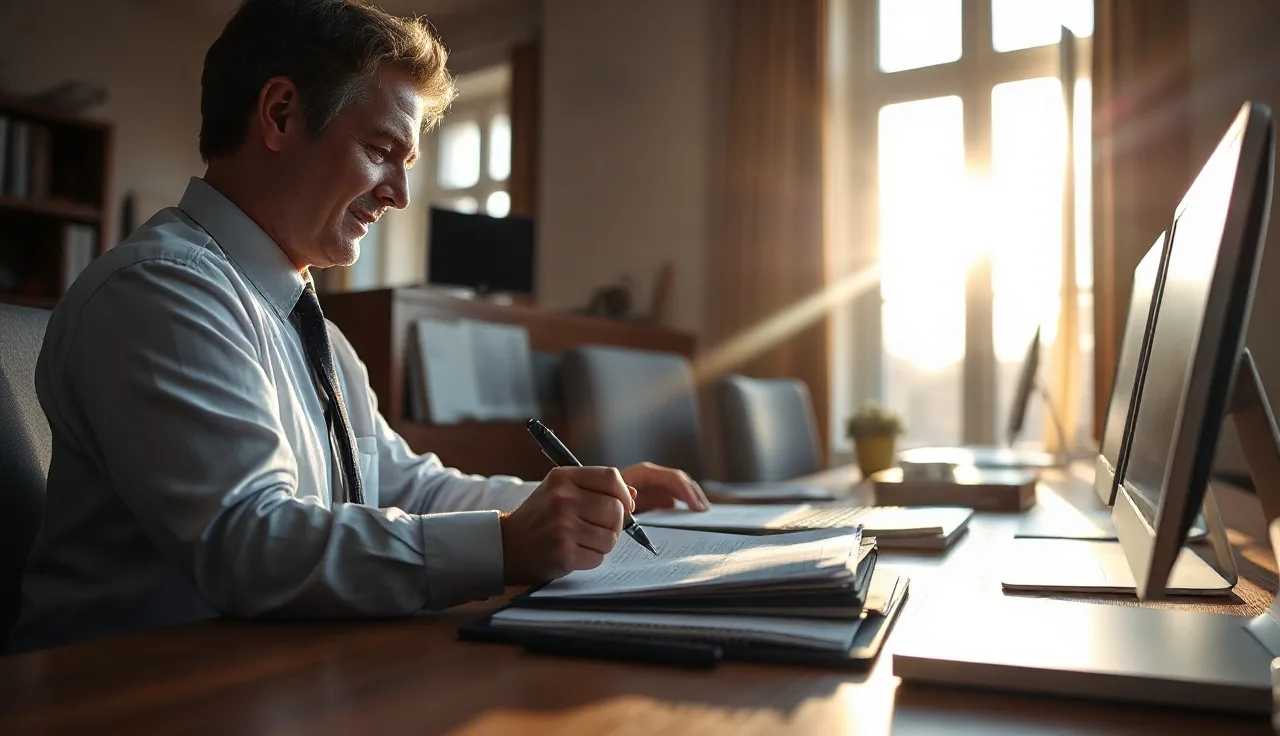 Compliance officer reviewing outbound call logs at a sunlit office desk