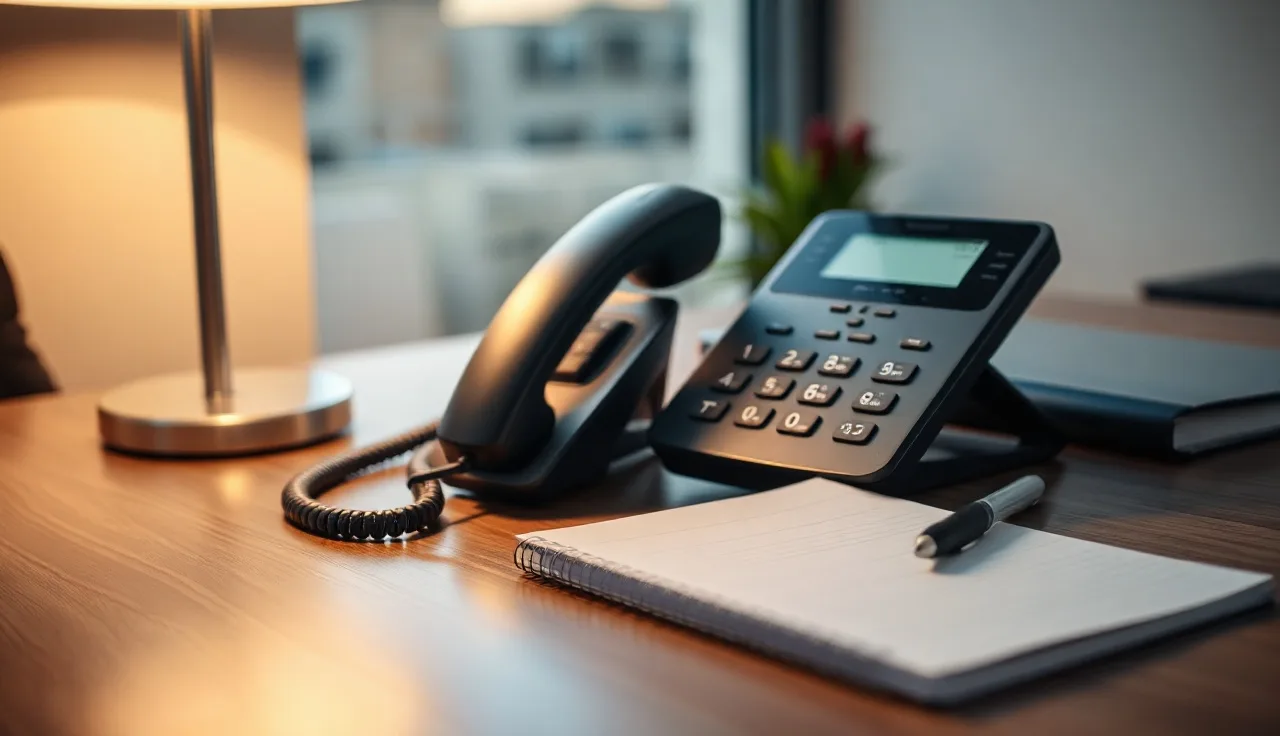 Office phone at rest on a desk beside a notepad, do not call compliance concept