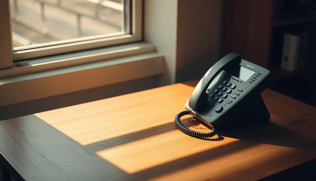 Office landline phone on a wooden desk representing do not call list compliance for businesses