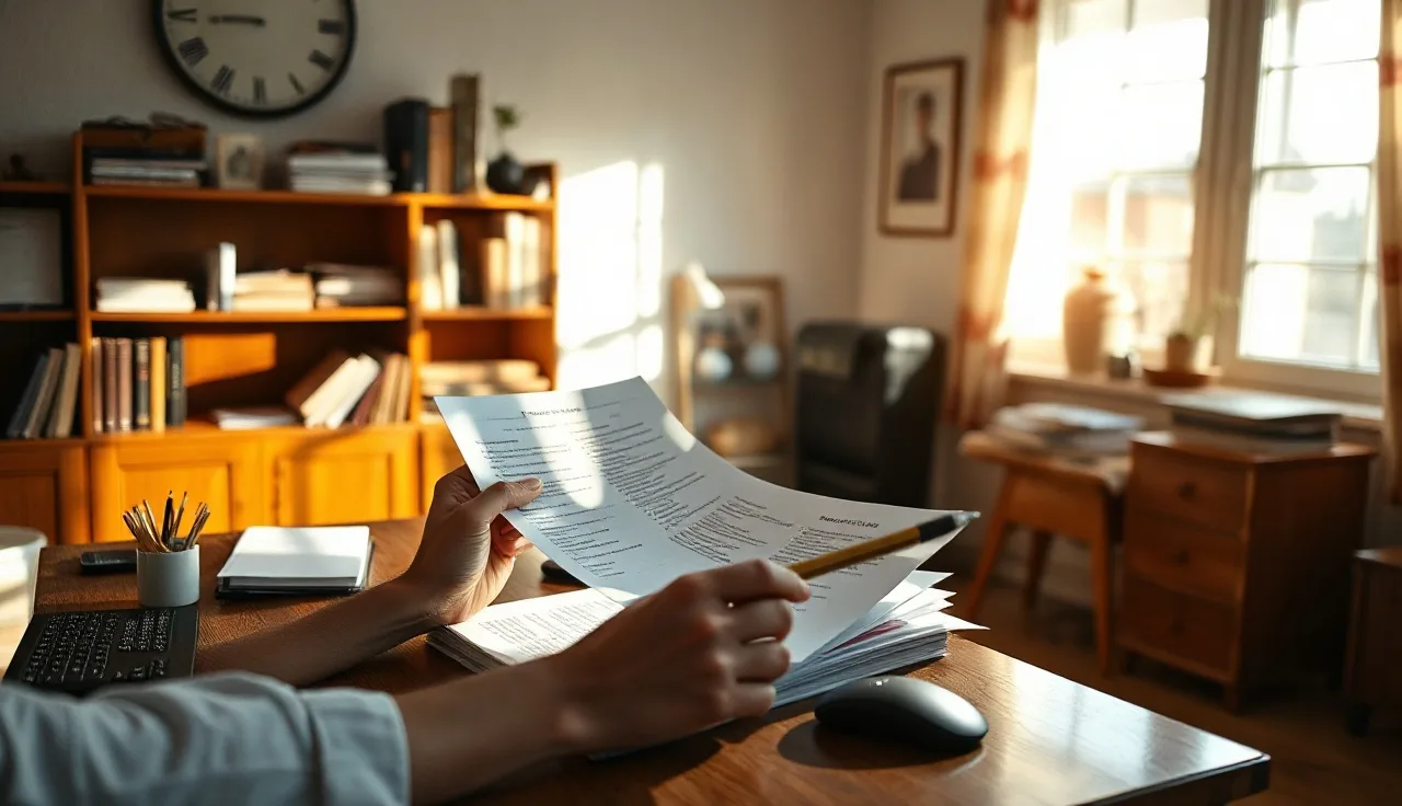 Person reviewing printed phone lists at a sunlit home office desk