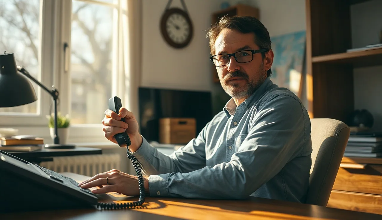 Person holding a telephone receiver at a wooden desk, do not call compliance context