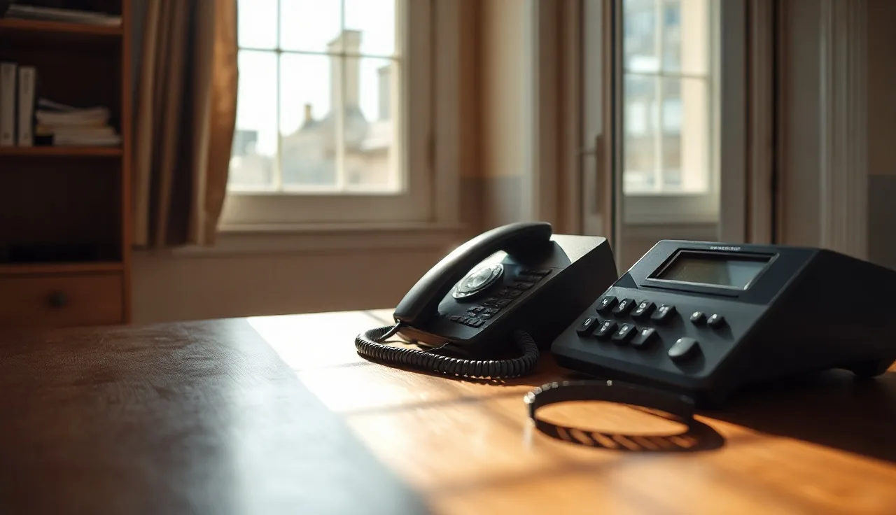 Landline phone off the hook on a desk near a window in a home office