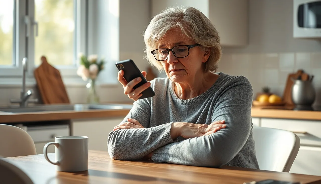Woman at kitchen table looking frustrated at ringing phone, do not call list concept