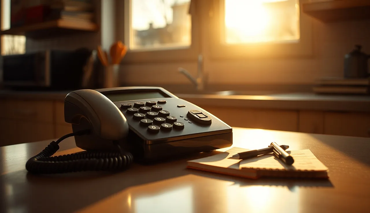 Landline telephone handset on a kitchen counter beside a notepad