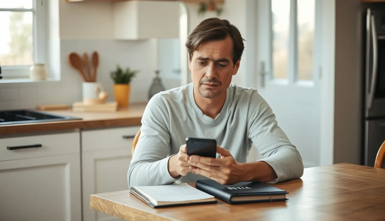 Person reviewing phone at kitchen table, making notes about unwanted calls