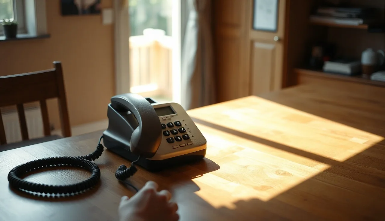 Person's hand resting near a landline phone on a kitchen table, do not call registration