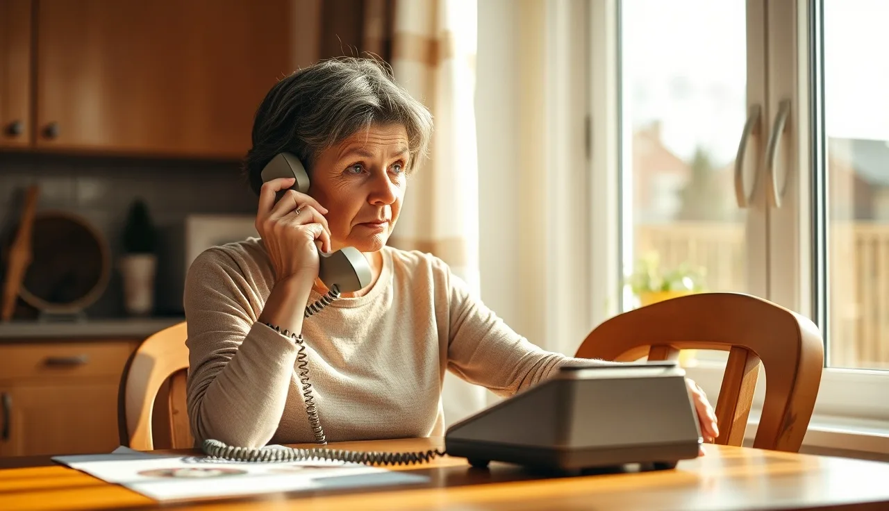 Woman holding phone away from ear at kitchen table, natural light, telemarketing concern