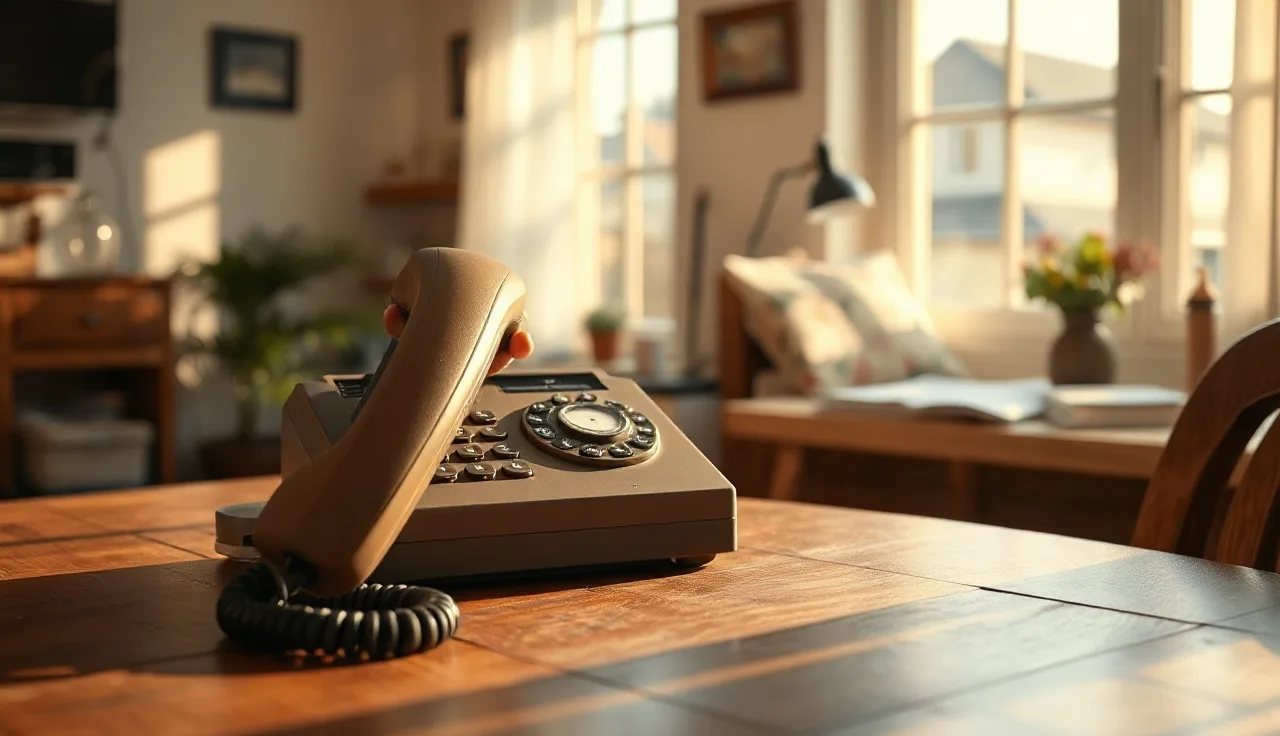 A landline telephone on a wooden kitchen table with a hand resting near it