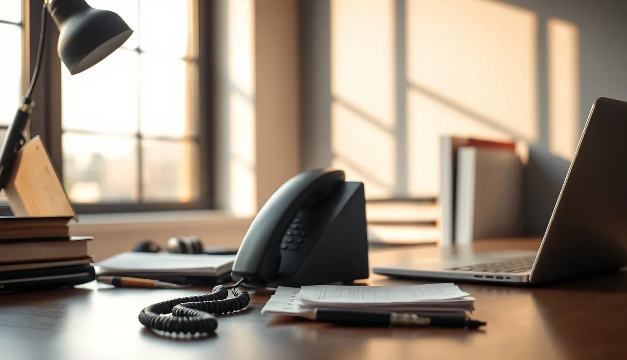 Office desk with phone off the hook suggesting unanswered do not call compliance