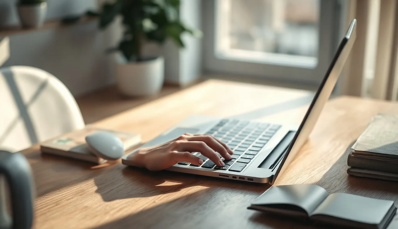 A hand near a laptop keyboard on a wooden desk in afternoon light