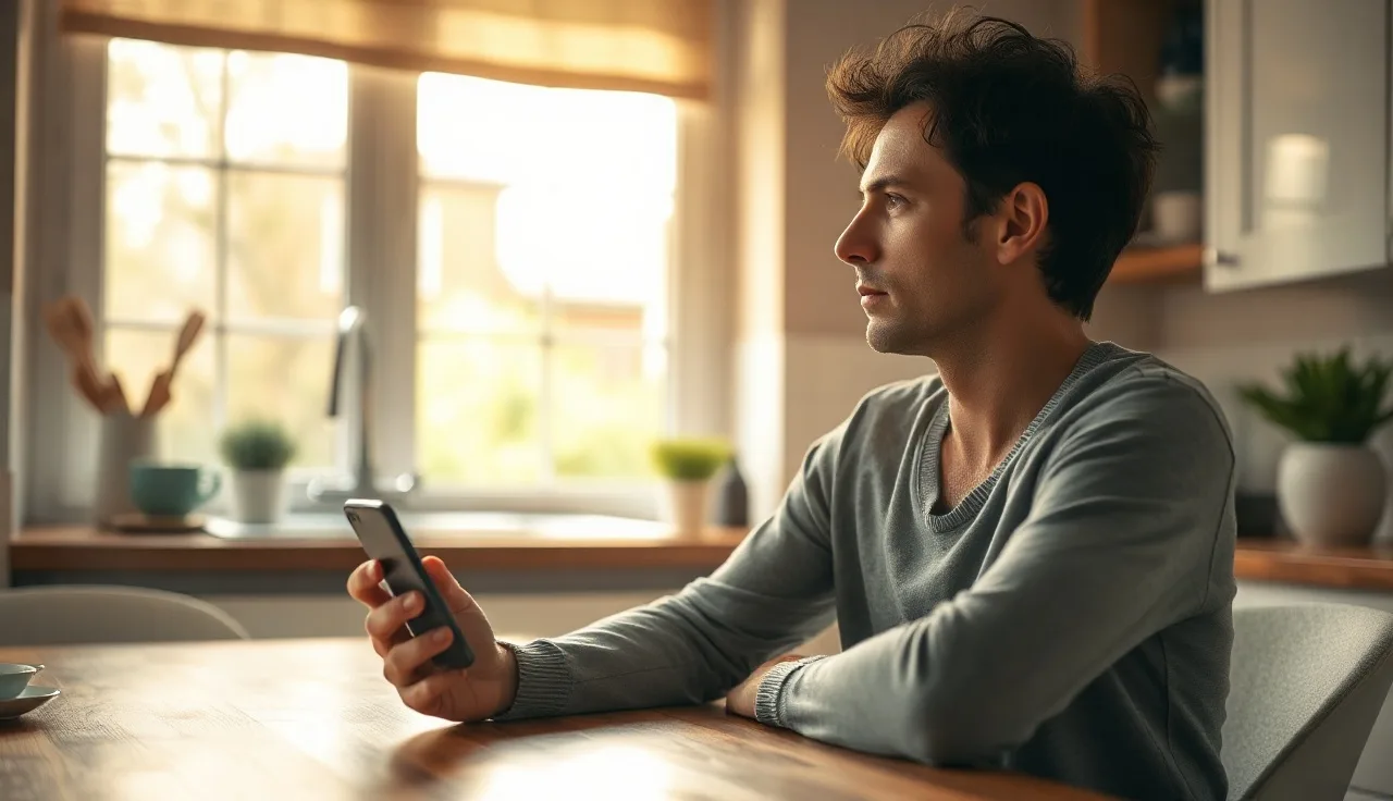 Person at kitchen table holding a cell phone, considering a do not call registration